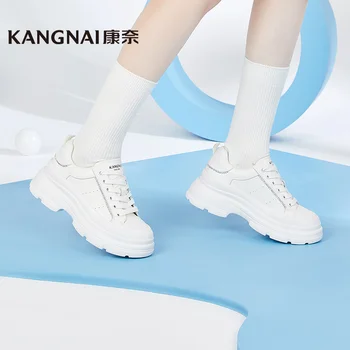 Kangnai/ масивни обувки, дамски обувки на платформа, от естествена кожа, дантела, бели тенис обувки на плоска подметка на дебела подметка, лека дамски обувки