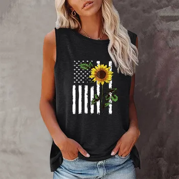 Seeyoushy Слънчоглед, Американски флаг, Нова лятна реколта модна тениска на 90-те години, с кръгло деколте, Дамски Тенденция тениска Без ръкави, Блузи в стил Харадзюку