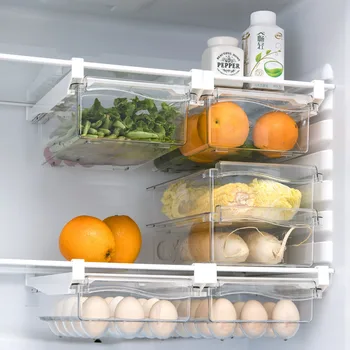 Пластмасов Прозрачен Органайзер за хладилник, Чекмеджето под рафта, стойка за рафтове, шкаф за хладилник, Кухненски кутия за съхранение на плодове и продукти