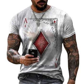 2023 Лятна Ежедневната Тенденция мъжка тениска с принтом Poker A3d, Градинска тениска Оверсайз С Кръгла яка и къс ръкав, Мъжки Клетчатая риза