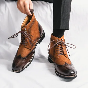 Мъжки ежедневни бизнес кожени обувки в британския стил, мотоциклетни ботуши с остри пръсти и резным високо берцем, големи размери, мат мъжки обувки D256