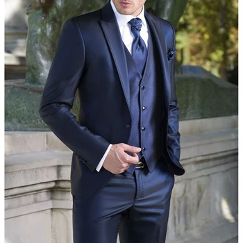 2023 Мъжки костюм в Тъмно синьо, черно на цвят, с остър ревери, однобортный, 3 предмета (яке + жилетка + панталони) Сватбен сако пролет Chaleco Hombre