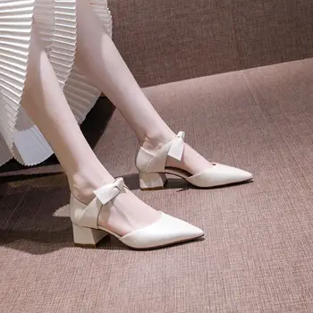2021 дамски обувки с остър кухи лък, класически високи токчета на дебелите токчета, секси модни дамски обувки на висок ток