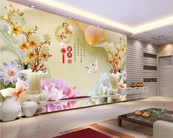 Beibehang Изработени по поръчка голяма ваза с дърворезба по нефриту, магнолия, фотообои, 3D тапети за хола, за стени, 3 d papel de parede