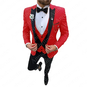 2021 Висококачествени Приталенные Червени Смокинги на Младоженеца в една пуговице, Мъжки Сватбени Костюми за Младоженеца-3 предмет, Абитуриентски Бал, а на Младоженеца (яке + Панталон + Елек)