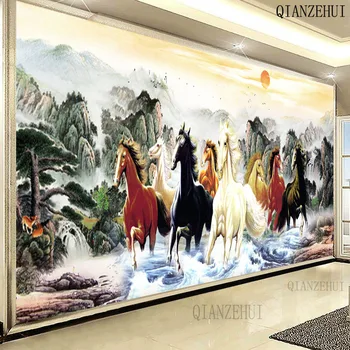 Диамантена живопис Кръгла брилянтен осем коня планински пейзаж Пълен страз