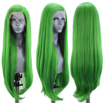 Зелен Цвят, директен бесклеевой перука, изработени от синтетична коса за дантели отпред за черни жени, высокотемпературное влакна, плочки от линията на растеж на косата, Cosplay