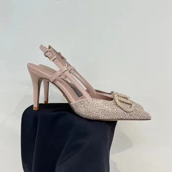 Луксозни маркови дизайнерски обувки на висок ток, дамски летни сандали от естествена кожа с кристал в ключалката на висок ток, булчински обувки с остър пръсти за младоженци
