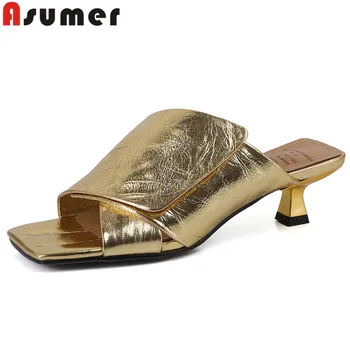 ASUMER/2023, размери 33-41, Нови Дамски чехли от естествена кожа, обувки на тънък средно обувки с квадратни пръсти, Готини Женски улични чехли