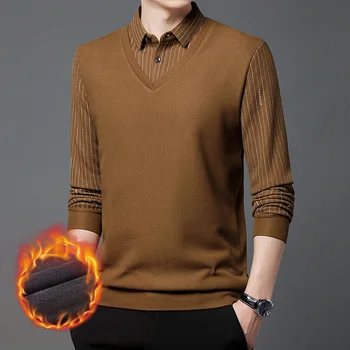 Есенно-зимни нова мъжка риза с вафельным модел, плюшен и удебелена фалшива двойка, висококачествена универсална мъжки подплата