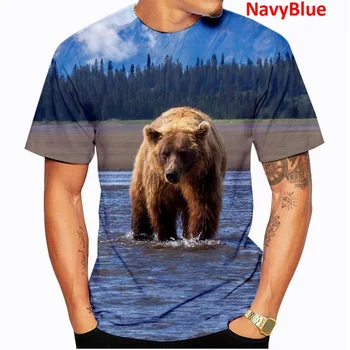 Готини тениски с 3D принтом черен мечок, мъжка тениска с къс ръкав