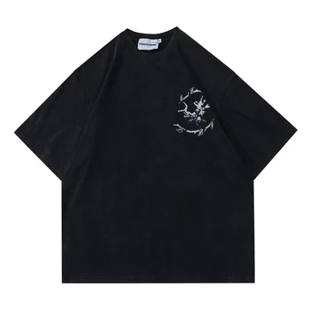 Реколта риза в стил пънк, градинска облекло в стил хип-хоп с писмото графичен принтом, выстиранная тениска Оверсайз, Harajuku, готическия модерен топ 2023, черен