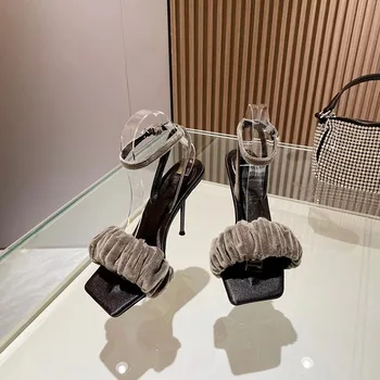 Блестящи Сандали на висок ток С каишка отзад, Дизайнерски Дамски Модни обувки от естествена Кожа С Квадратни пръсти, Луксозни Маркови Модела Обувки
