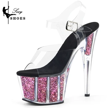 Дамски обувки на висок прозрачен ток 15 см, прозрачни разноцветни пайети, прозрачни сандали-вамп на платформата, чубрица обувки за танци на един стълб с отворени пръсти