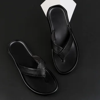 Кожени мъжки чехли, изработени ръчно, летни модни мъжки джапанки, дишащи улични джапанки, удобни мъжки обувки за почивка, удобни обувки на плоска подметка