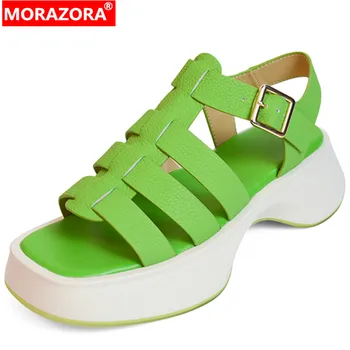 MORAZORA/Новост 2022 година, прости обувки на равна подметка и платформа, сандали от естествена кожа, дамски модел обувки с каишка и катарама