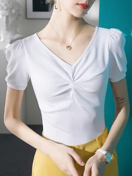Френска дамски памучен тениска с V-образно деколте и с пищни ръкави, пролетно-летния Нов Еластичен топ с преминаването на възел, Върхове Y2k Оверсайз