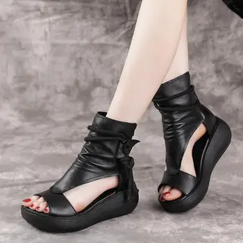 Дамски летни римски сандали, Обувки 2023 година, обувки на танкетке на среден ток, жените реколта сандали от изкуствена кожа Mujer Sapato Feminino