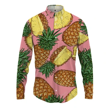 Забавна Хавайска риза с 3D принтом, Мъжки Ежедневни Топ с дълъг ръкав, Модерен Жилетка копчета, Голям Пролетно-есенния Плодов Ананас