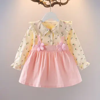 Детски дрехи, Ежедневни Рокли Трапецовидна форма с яка в стил Мозайка и бутони за момичета, Пролет-Есен, с дълъг ръкав, Фалшиви Рокли-Wild