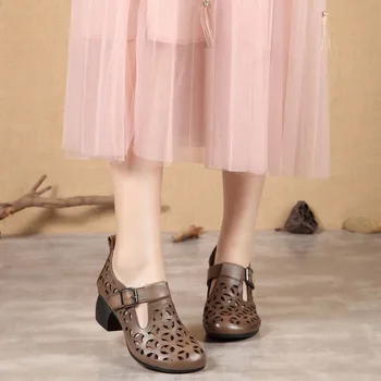 2022 пролетно-летни дамски обувки от естествена кожа в ретро стил, дишащи дамски сандали Baotou с дебела кръгла глава, фини обувки