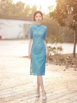 FZSLCYIYI/летни шифоновые рокли Ципао с яка-ботуш и бродерия в китайския традиционен стил Чонсам