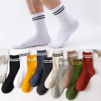 Мъжки чорапи, обикновен памучен дамски чорапи със средна дължина, сладки памучни чорапи в лента за двойки, прости чорапи в стил ретро с две ивици