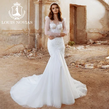 LOUIS NOVIAS Сватбена рокля на Русалка с дълъг ръкав 2023, Мечтателна Сложна Бродерия, Струята, Приказна сватбена рокля, Vestidos De Новия