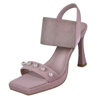 Crochet дамски сандали на висок ток с квадратни пръсти, женски обувки с перли, лято 2023, дамски обувки в продуктовата гама на
