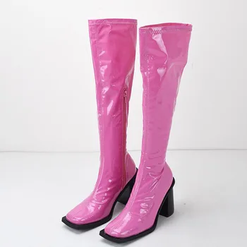 GCYCG/ Маркова новост 2023 г.; Дамски ботуши до коляното от лачена Изкуствена кожа; Удобни дамски Ботуши на дебелите ток; Розови обувки; Големи размери 40 41