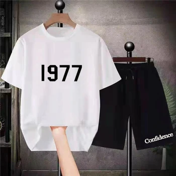 Реколта мъжка тениска 70-те Години, Гащета От Чист памук, Комплект от 2 теми, Всекидневни Модерен костюм За Фитнес, спортен костюм с къс ръкав