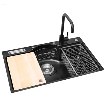 Кухненски мивки Нано-черно Кухненски плот от неръждаема стомана 304 С голям резервоар с едно, стъпка богат на функции мивка с държач за ножове Миялна машина