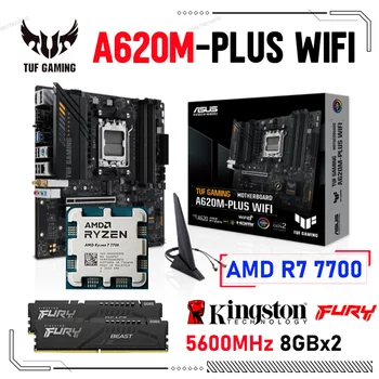 Процесор AMD Ryzen 7 7700 с дънна платка ASUS TUF GAMING A620M-PLUS WIFI Конектор AM5 + Kingston RAM DDR5 5600 Mhz 8GBx2 Разход на НОВА