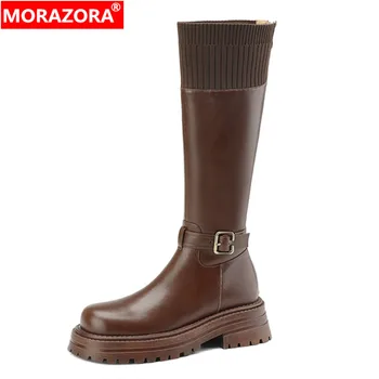 MORAZORA/новост 2023 г.; дамски ботуши до коляното в ретро стил с цип от естествена кожа; дамски есенни и зимни обувки на платформа;