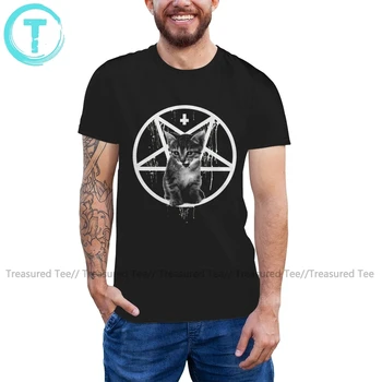Тениска със Сатана, на обърнатия Кръст, Пентаграм, Тениска с котка, забавна плажна риза с графичен дизайн, памучен тениска с къс ръкав