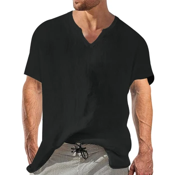 Памучен бельо лятна мъжка тениска с V образно деколте, отложной яка, Къс ръкав, Свободна блуза, копчета, Върхове оверсайз