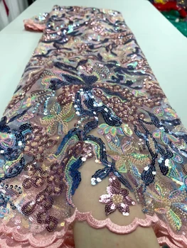 Африканска лейси плат от мъниста 2023 Високо качество за вечерна рокля, 5 ярда, най-новата луксозна нигерийская плат с бродерия от тюл и пайети