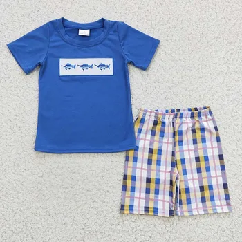 На едро комплект за бродерия за по-малките момчета, детска лятна памучен синя риза с къс ръкав, отгоре тениска, Шорти в клетката за деца, детски дрехи
