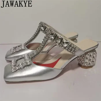 Сатенени чехли с квадратна Т-образно каишка и кристали, дамски джапанки в етнически стил с кристали на среден ток, летни луксозни вечерни обувки Mujer