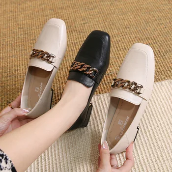 Британски кожени обувки с метални веригата, дамски джапанки-джапанки в двойна стил, черни/бели кожени espadrilles, женски фини обувки на плоска подметка с квадратни пръсти