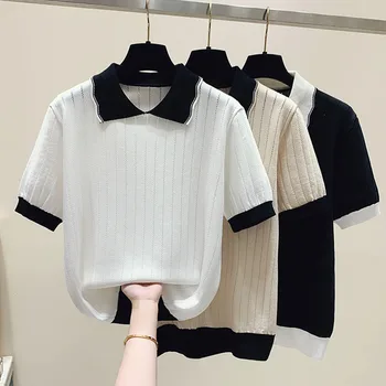Черен, Бял, сладък вязаный летен топ с къс ръкав, Модни блузи 2023, евтина реколта дрехи За жени, дамски дрехи