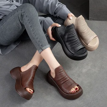 Новост 2023 г.; Дамски Джапанки; Летни обувки от телешка кожа на първия слой; Джапанки на платформа Дамски черни Zapatillas Mujer