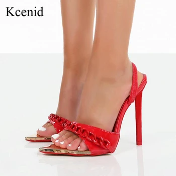 Kcenid/2022 нови Летни дамски сандали-лодка от лачена кожа с остри пръсти, пикантни женски обувки на тънък висок ток, модни слипоны с веригата