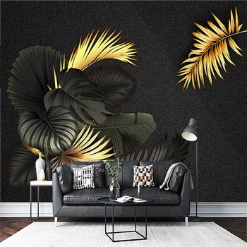 Черно-златни тропически листа, палмови листа, спалня с 3D-дизайн по поръчка, хол, разтегателен, на фона на телевизор, стенни боядисване, тапети