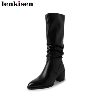 Lenkisen/ модни зимни топли ботуши за езда на висок ток, палав офис женски обувки с плиссированным декорация, луксозни дамски ботуши до бедрото, за подиум