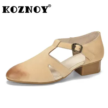 Koznoy/летни дамски мокасини в етнически стил от естествена кожа 3,5 см, удобна мода елегантни дамски обувки на плоска подметка с катарама и остри пръсти