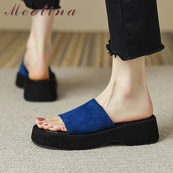 Meotina; дамски сандали от естествена кожа, с кръгли пръсти на платформа и танкетке; Джапанки на среден ток; дамски модни ежедневни чехли; лятна пролет обувки в синьо