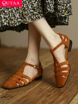 QUTAA/2022, дамски сандали-гладиатори върху плоска подметка, ежедневни лаконичная дамски обувки от естествена кожа в римски стил в ретро стил, лятна новост, размер 34-39