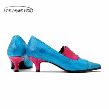 Дамски обувки-oxfords от естествена кожа, реколта кожени дамски обувки-oxfords на обувки, дамски обувки, Пролет 2021, син цвят
