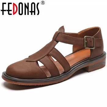 FEDONAS 2023, пролет-лято, дамски обувки-за ролята на държавата в ретро стил, сандали, ежедневни дамски обувки от естествена кожа на нисък ток